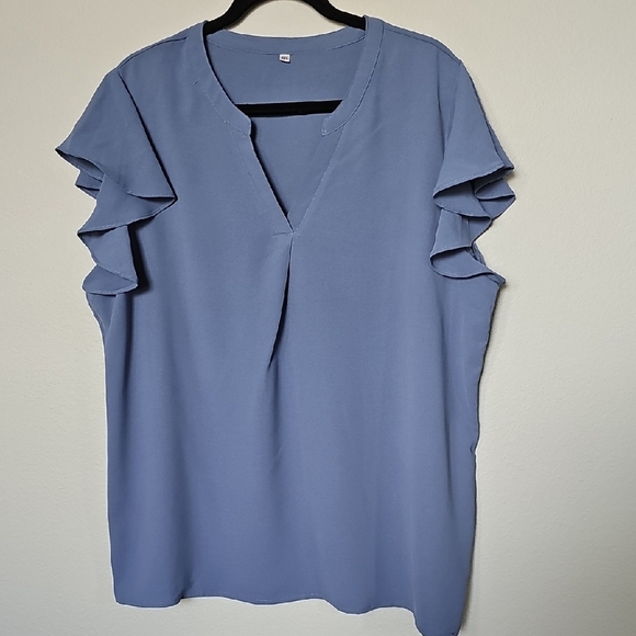 Elegant Blue Blouse with Flutter Sleeves and Split Neck 2X - Picture 1 of 6